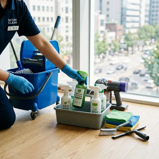 깨끗한 바닥에 정돈된 장비 중 최적의 도구를 고르는 전문가의 손